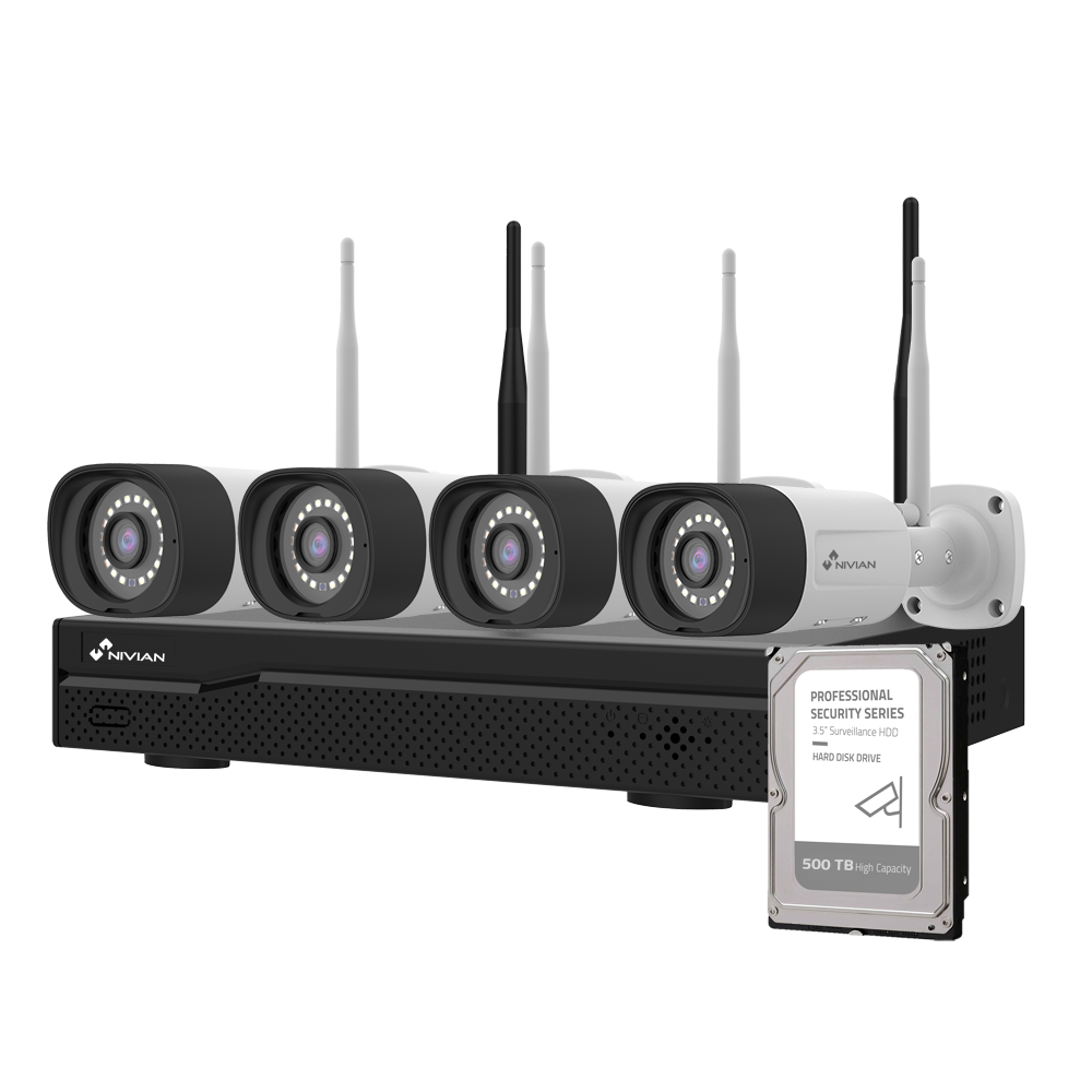 Kit Videovigilância Wi-Fi Nivian – 4 Câmaras 3 MP + 500 GB